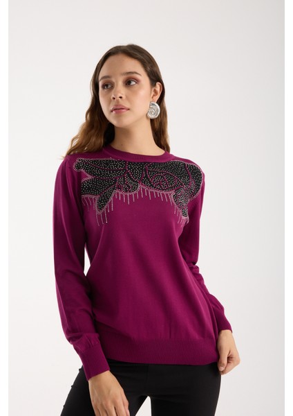 Kadın Mürdüm Elit Viskon Kumaş Taş Detaylı Bisiklet Yaka Triko Bluz fiyatları