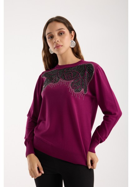 Kadın Mürdüm Elit Viskon Kumaş Taş Detaylı Bisiklet Yaka Triko Bluz modelleri