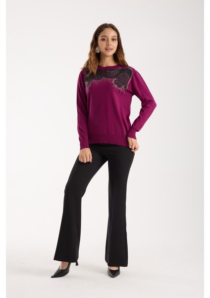 Kadın Mürdüm Elit Viskon Kumaş Taş Detaylı Bisiklet Yaka Triko Bluz