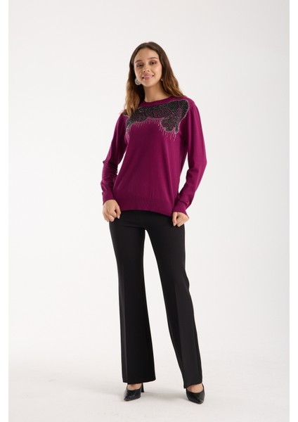 Kadın Mürdüm Elit Viskon Kumaş Taş Detaylı Bisiklet Yaka Triko Bluz