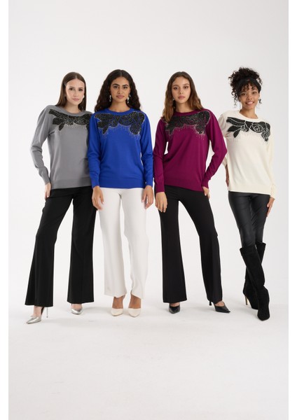 Kadın Mürdüm Elit Viskon Kumaş Taş Detaylı Bisiklet Yaka Triko Bluz