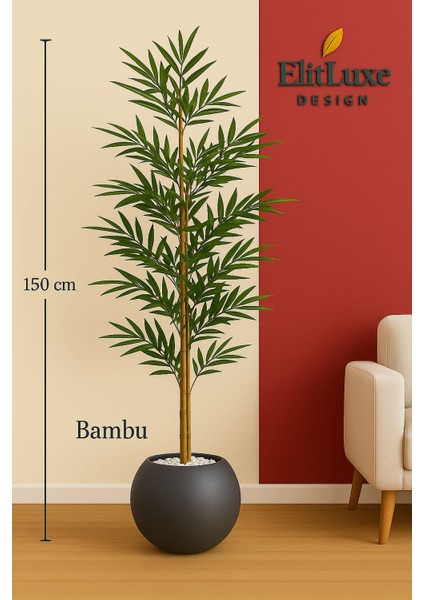 Elitluxe Design 150 cm Yapay Bambu Salon Bitkisi – Doğal Bambu Gövde - 30X30CM Dekoratif Mat Küre Plastik Lüx Saksılı
