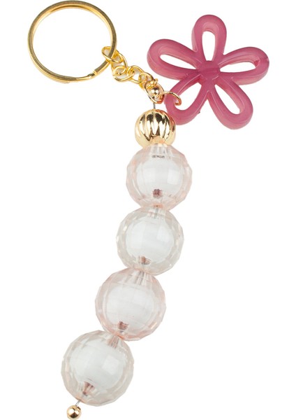 Pembe Çiçek Detaylı Kristal Boncuk Anahtarlık