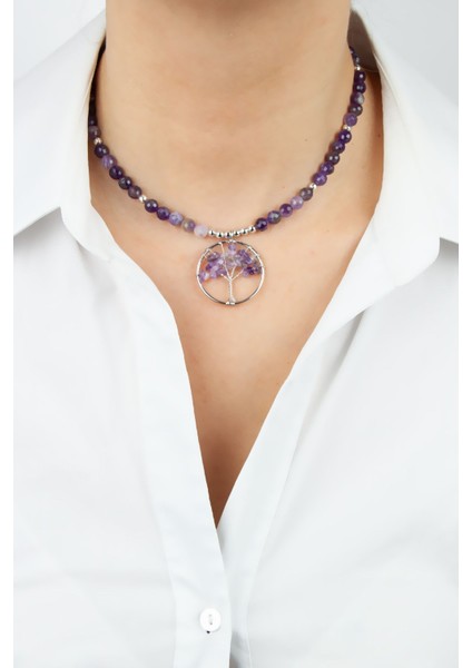 Yaşam Ağacı Uçlu Ametis Doğaltaş Kolye