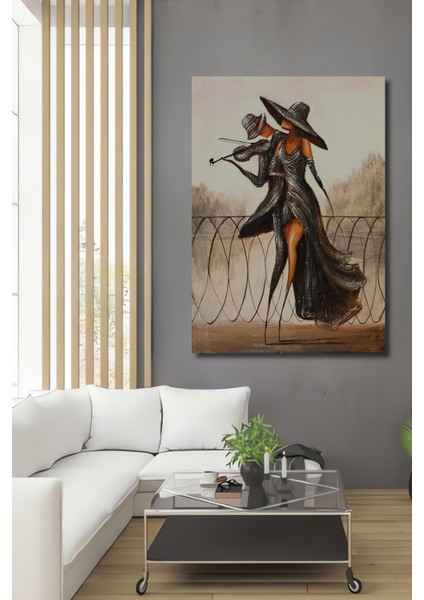 Paris Aşkı Kara Kalem Görünümlü Ahşap Dekoratif Tablo Dikdörtgen Tablo