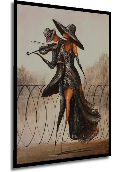 Paris Aşkı Kara Kalem Görünümlü Ahşap Dekoratif Tablo Dikdörtgen Tablo