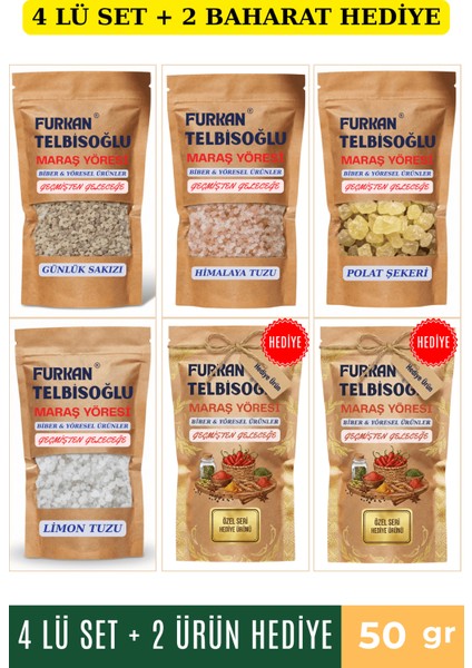 Himalaya Tuzu 50GR +Ak Günlük Sakızı 50GR + Limon Tuzu Tane 50GR + Nöbet Şekeri, Polat Şekeri 50GR + 2 Baharat Hediye