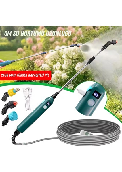 2400 Mah Şarjlı Sulama Tabancası3 Başlık Teleskopik Çubuk 5 M Emiş Hortumu Type-C