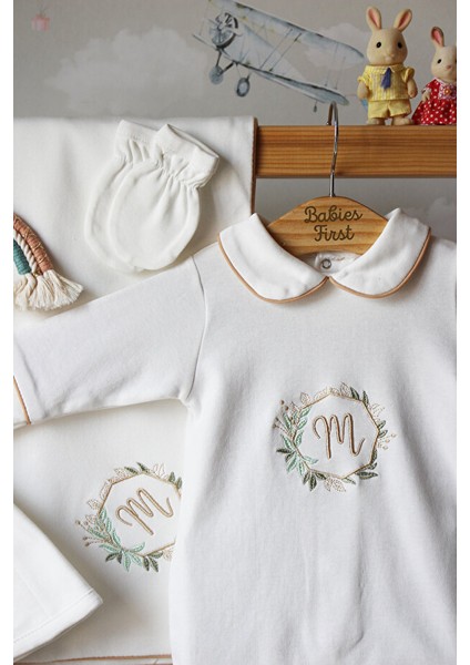 Isme Özel Nakışlı 6 Parça Yenidoğan Set %100 Pamuk Tulum Battaniye Şapka Yastık Puset Örtü Eldiven