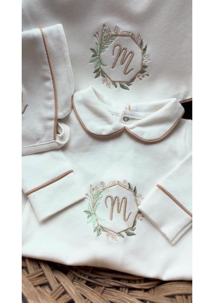 Isme Özel Nakışlı 6 Parça Yenidoğan Set %100 Pamuk Tulum Battaniye Şapka Yastık Puset Örtü Eldiven