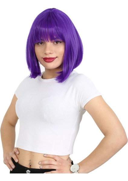 Küt Kahküllü Fiber Sentetik Peruk / Mor