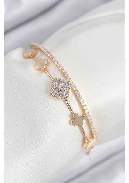 Pirinç Zirkon Taşlı Yonca Model Gold Renk Kadın Bileklik - Lisinya