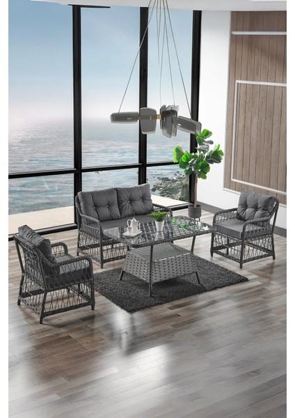 Rattan Breda Bahçe Mobilyası 2+1+1+Camlı Masa -- 2 Tane Puf Hediye