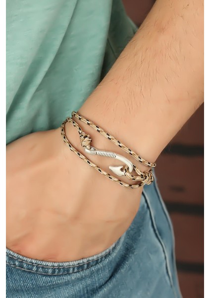 Krem Renk Çizgi Desenli Metal Kancalı Erkek Bileklik - Lisinya