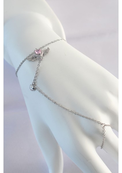 316L Çelik Gümüş Renk Pembe Zirkon Taşlı Kanatlı Kalp Model Şahmeran - Lisinya