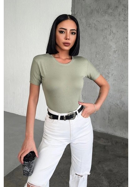 Rahat ve Şık Kısa Kollu Bisiklet Yaka Likralı Viskon Penye Body Haki ( Lisinya )