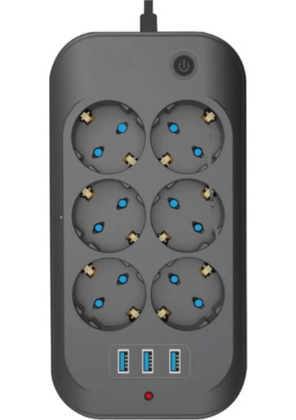Termal Akım Korumalı, Çocuk Korumalı, 6’lı 2 mt Uzatma Kablosu 6 x Priz, 3 x USB