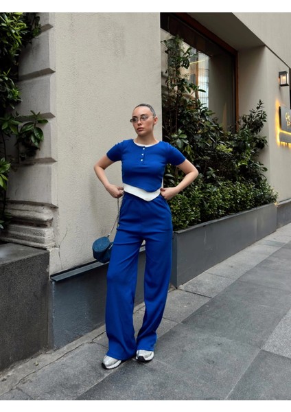 Düğme Yakalı Saks Alt Üst Takım S3943