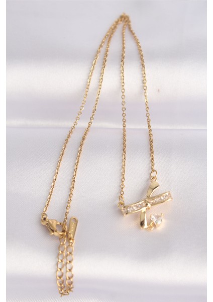 316L Çelik Zincir Altın Renk Zirkon Taşlı Kalp Detay Fiyonk Kolye - Lisinya fiyatları