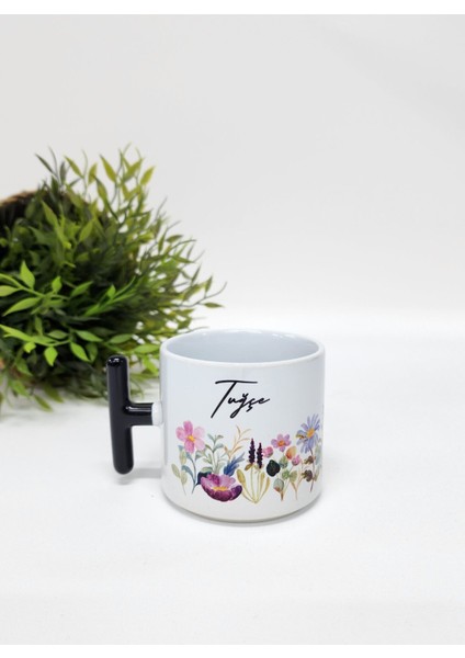 Isme Özel Kişiye Özel Renkli Çiçek Desenli Porselen T Kupa Bardak Latte Fincanı
