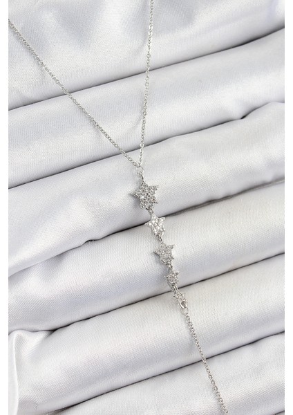 Pirinç Zirkon Taşlı Sıralı Yıldız Figürlü Y Model Gümüş Renk Kadın Kolye - Lisinya