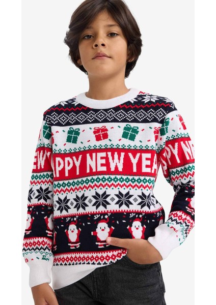 Erkek Çocuk Yılbaşı Temalı Regular Fit Bisiklet Yaka Triko Kazak F9232A825CW modelleri