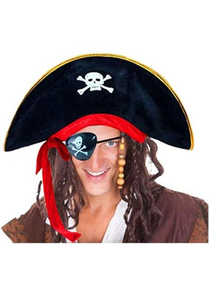 Yetişkin Boy Kadife Kaptan Jack Sparrow Korsan Şapkası ve Plastik Korsan Göz Maskesi - Lisinya