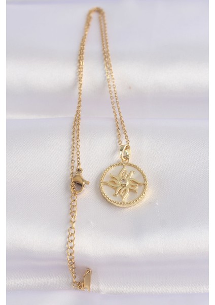 316L Çelik Zincir Altın Renk Zirkon Taşlı Oval Tasarım Güneş Kolye - Lisinya fiyatları