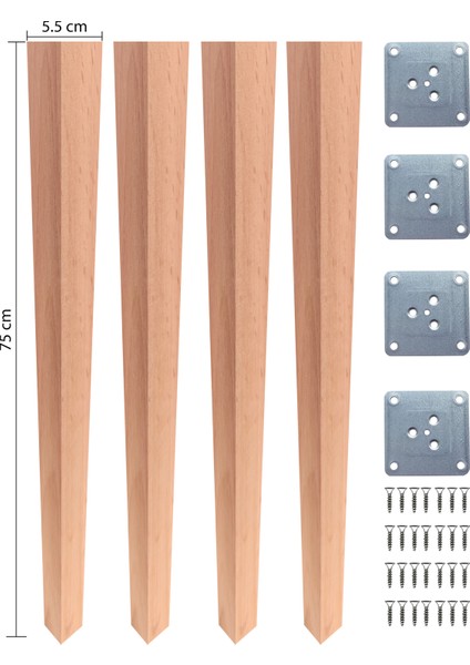 Modern Piramit Model Ahşap Masa Ayakları 75 cm (Yemek/çalışma Masası) - Doğal Kayın [4'lü Set]
