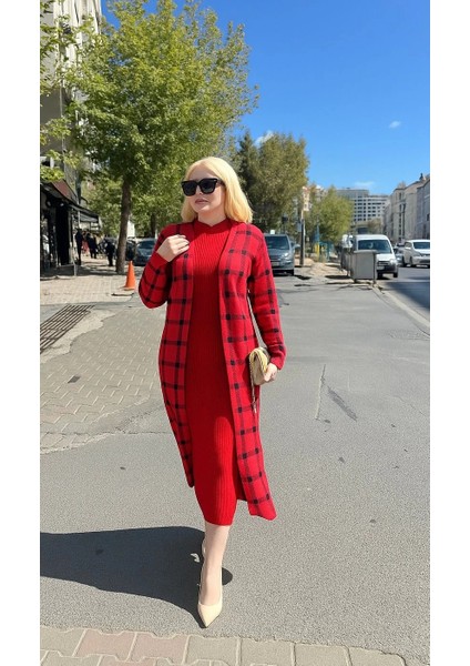 Triko Hırka Elbise Ikili Takım Kırmızı