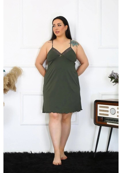 Kadın Haki Pamuklu Ip Askılı Büyük Beden Gecelik