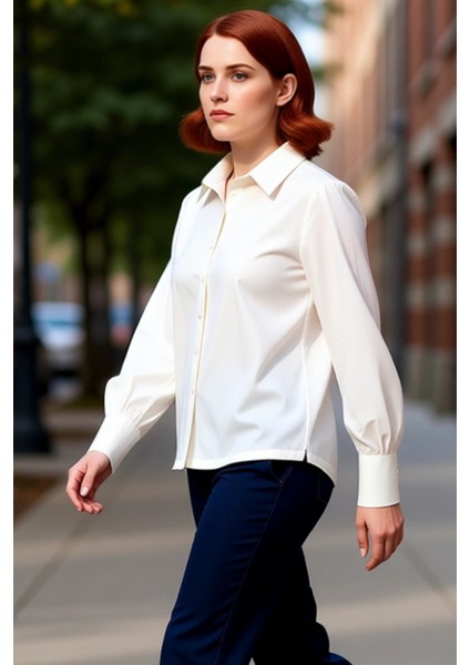 Kadın Balon Kol Regular Fit Pamuklu Gömlek Fonksiyonel Dayanıklı Kaliteli Konforlu Estetik