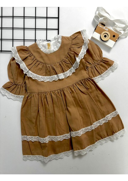 Kız Çocuk Astarlı Güpürlü Keten Özel Gün Doğumgünü Konsept Elbise Vizon