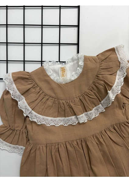 Kız Çocuk Astarlı Güpürlü Keten Özel Gün Doğumgünü Konsept Elbise Vizon fiyatları