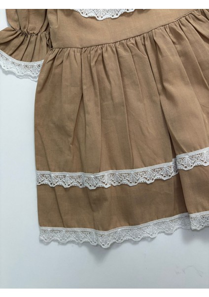 Kız Çocuk Astarlı Güpürlü Keten Özel Gün Doğumgünü Konsept Elbise Vizon modelleri