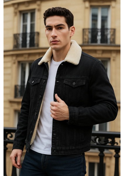Erkek Kışlık Günlük Içi Peluş Kürk Siyah Kot Ceket