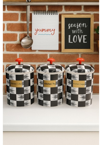3’lü Siyah Beyaz Desenli Plastik Baharatlık Seti – Kitchen Coffee Tea Sugar Kapaklı Saklama Kabı