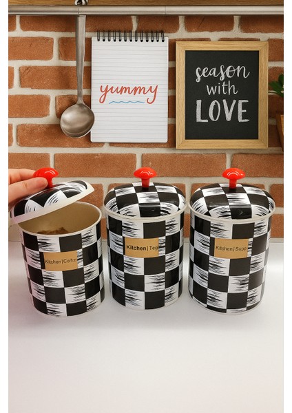 3’lü Siyah Beyaz Desenli Plastik Baharatlık Seti – Kitchen Coffee Tea Sugar Kapaklı Saklama Kabı fiyatları