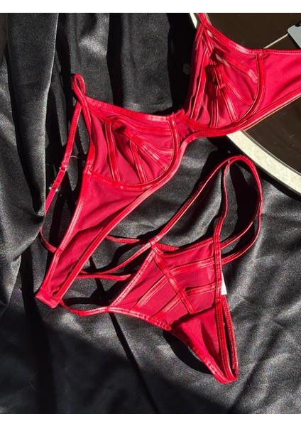 Deri Tül Sütyen Tanga Takım - Kapsız - Fashion