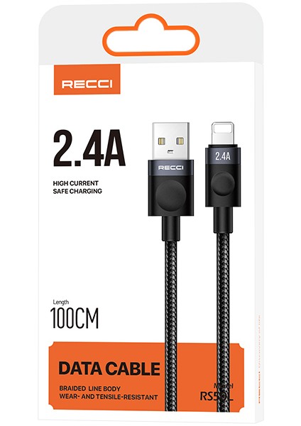 RS50L Usb-A To Lightning Örgü Tasarımlı Hızlı Şarj Özellikli Data ve Şarj Kablosu 1m Siyah