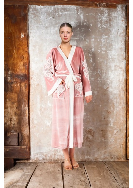 Aqua 26309 Kadın Kadife Işlemeli Uzun Sabahlık