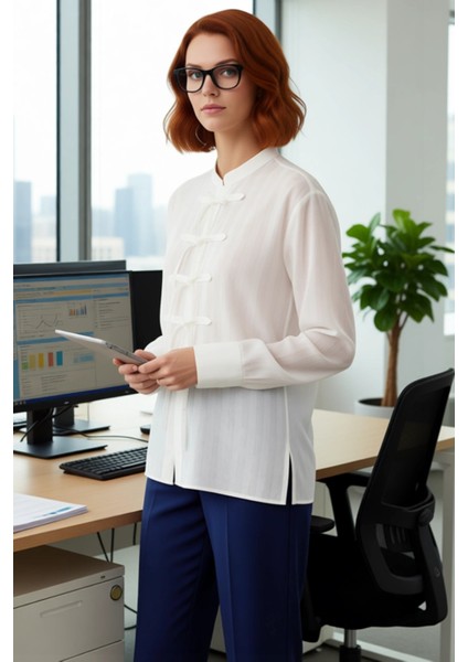 Kadın Relaxed Kesim Hakim Yaka Fiyonk Detaylı Uzun Kollu Pamuklu Dokuma Gömlek Fonksiyonel modelleri