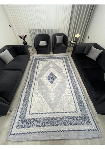 Diamond Desen Gri Mavi Halı Örtüsü - Soft Kadife Dokulu-Kaymaz Tabanlı Yıkanabilir
