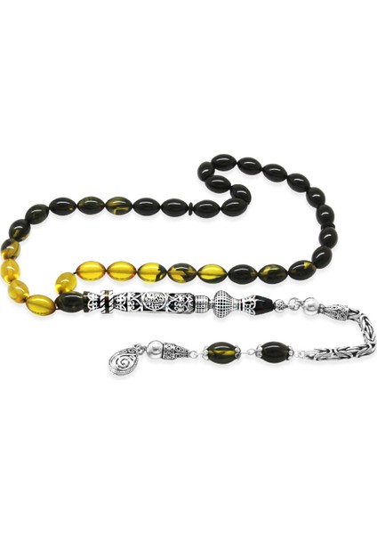 925 Ayar Gümüş Kral Püsküllü Nakkaş Imameli Cevşen Tasarım Süzme Sarı Siyah Ateş Kehribar Tesbih