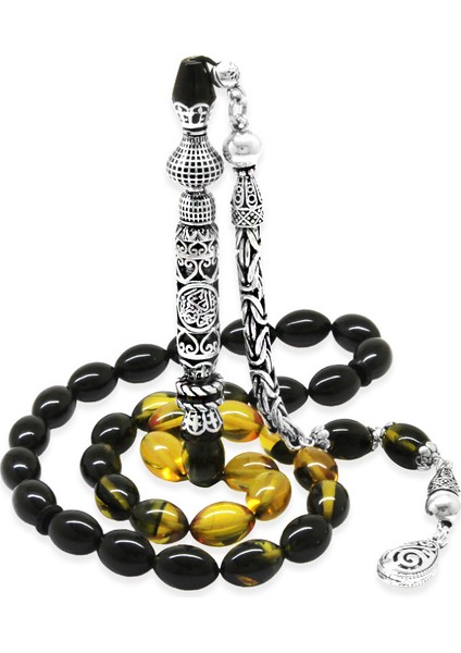 925 Ayar Gümüş Kral Püsküllü Nakkaş Imameli Cevşen Tasarım Süzme Sarı Siyah Ateş Kehribar Tesbih fiyatları