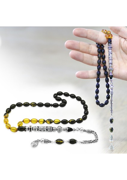 925 Ayar Gümüş Kral Püsküllü Nakkaş Imameli Cevşen Tasarım Süzme Sarı Siyah Ateş Kehribar Tesbih modelleri