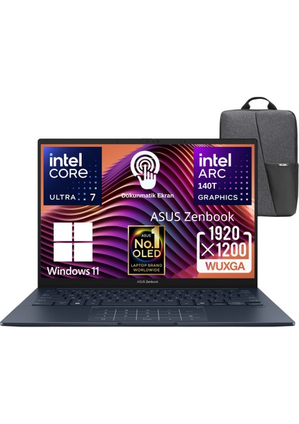 Zenbook 14 UX3405CA-QL286W Intel Core Ultra 7 255H 16GB 512GB SSD 14" OLED (Dokunmatik Ekran) Widows 11 Home Taşınabilir Bilgisayar - Asus Çanta Wz4