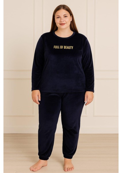 Kadın Büyük Beden 13212 Kadife Pijama Takımı Lacivert