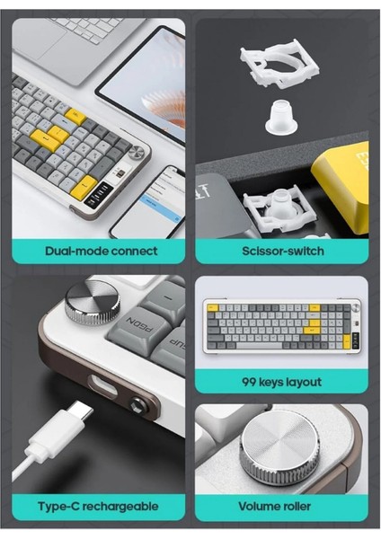 Kablosuz Şarjlı Lüks Oyuncu Klavyesi Ofis Klavye 99 Tuşlu Zarif Tasarım Dual Mode Bağlantı Bt+2.4ghz