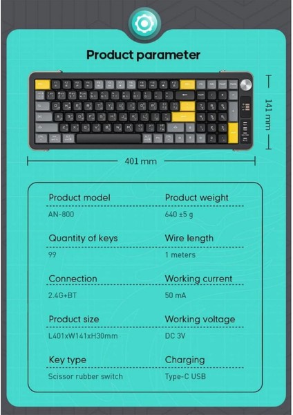 Kablosuz Şarjlı Lüks Oyuncu Klavyesi Ofis Klavye 99 Tuşlu Zarif Tasarım Dual Mode Bağlantı Bt+2.4ghz